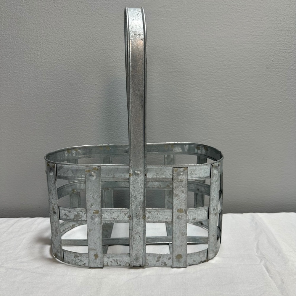 Galvanized Metal Oval Basket Tall Handle Rustic Farmhouse Garden Decor
